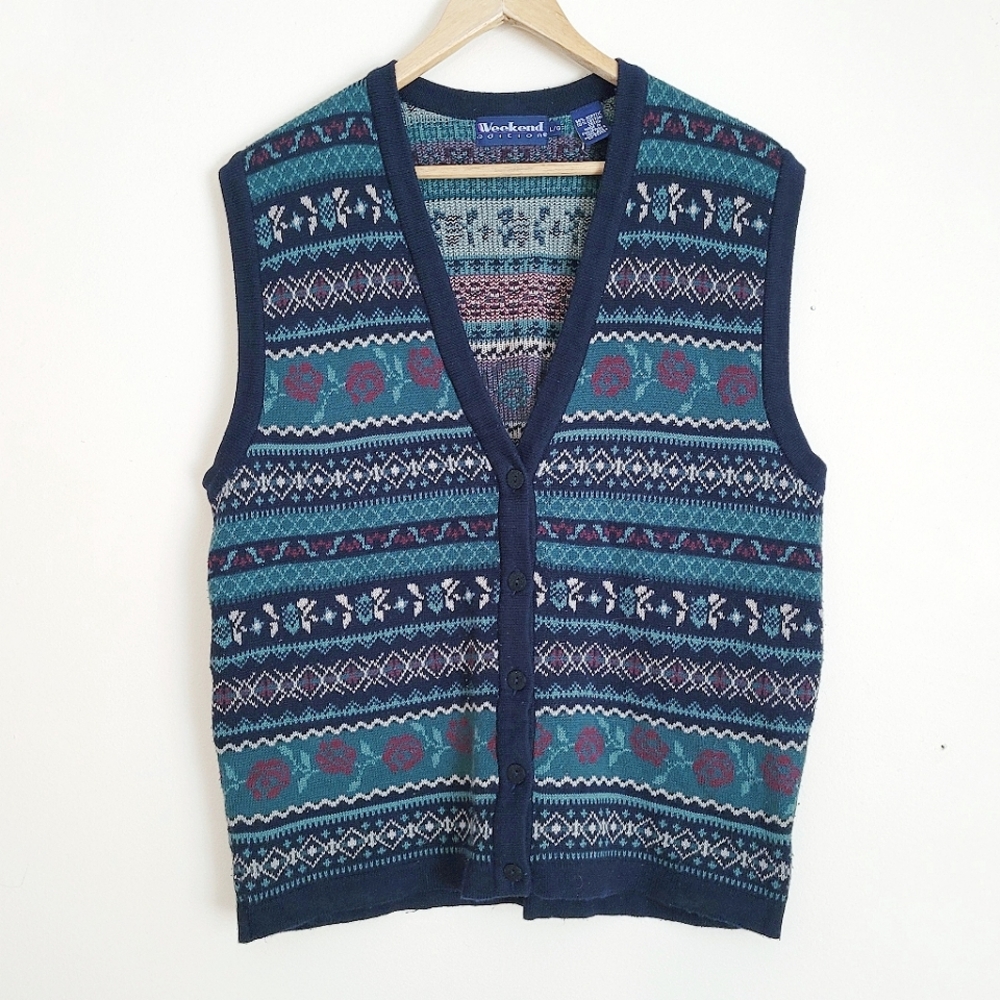 Blue & Green Grandpa Sleeveless Knit Sweater Vest - L